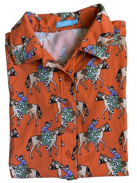 J. McLaughlin Tops - J. McLaughlin Equestrian Derby Print Short-Sleeve Polo Shirt (Orange) - XS